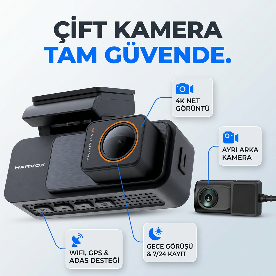 Araç İçi Kamera 4K HD Görüntü WiFi GPS ADAS Özellikli Yapay Zekalı 24 Saat Çalışma Gece Görüşlü G-Sensör