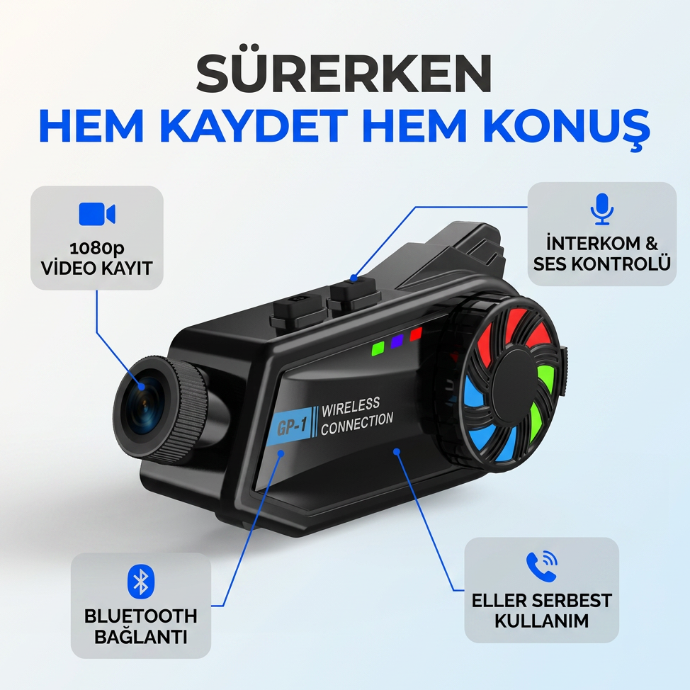 Intercom Kameralı Motosiklet Bluetooth Kask Kulaklık Ses Kontrolü 1080p Video Kayıt Videolu Interkom