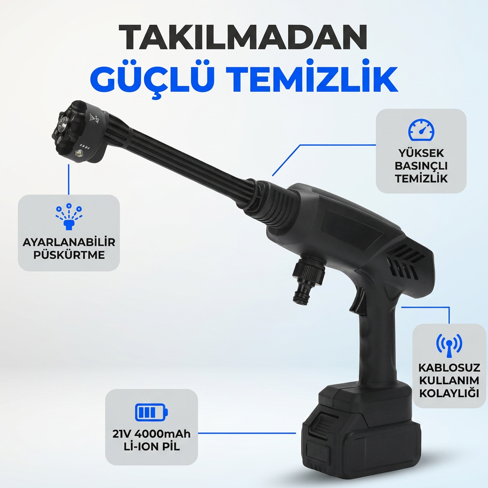 21V 4000mAh Li-ion Kablosuz Yıkama Tabancası (Siyah)