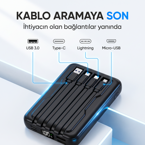 10.000 Mah Kablosuz Hızlı Şarjlı MagSafe Powerbank LED Ekranlı Dahili Kablolu Powerbank Çoklu Giriş