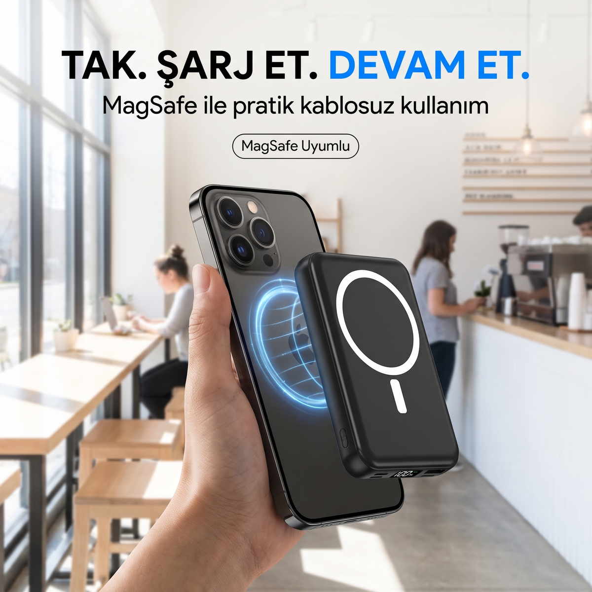10.000 Mah Kablosuz Hızlı Şarjlı MagSafe Powerbank LED Ekranlı Dahili Kablolu Powerbank Çoklu Giriş
