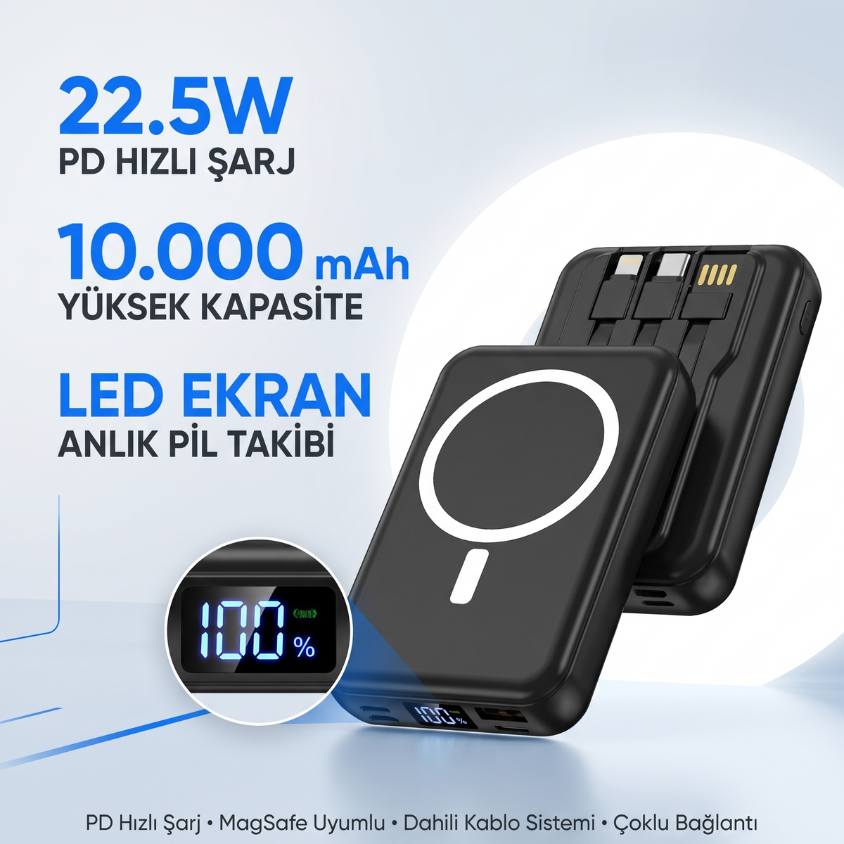 10.000 Mah Kablosuz Hızlı Şarjlı MagSafe Powerbank LED Ekranlı Dahili Kablolu Powerbank Çoklu Giriş