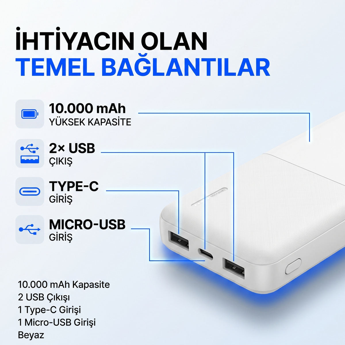 Snapmax SNP-3009 Beyaz 10.000 Mah Powerbank 2X USB Çıkışlı 1 Type-C ve 1 Micro Girişli