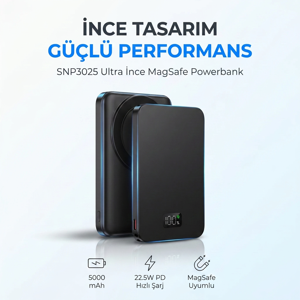 SNP-3020 MagSafe Powerbank 5000mAh Slim 22.5W Hızlı Şarj Led Ekran İnce Powerbank Şarj Cihazı
