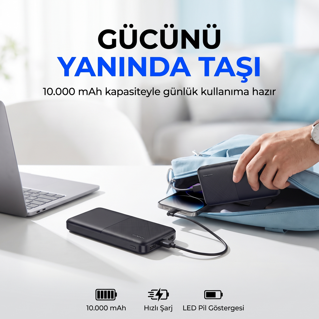 SnapMax SNP-3008 Siyah 10.000 mah Powerbank 2x USB Çıkışlı 1 Type-C ve 1 Micro Girişli