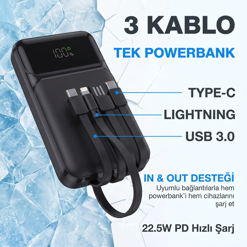 SNP-3006 10.000 Mah Hızlı Şarj LED Göstergeli Powerbank 3in1 Dahili Kablolu Powerbank Çoklu Giriş