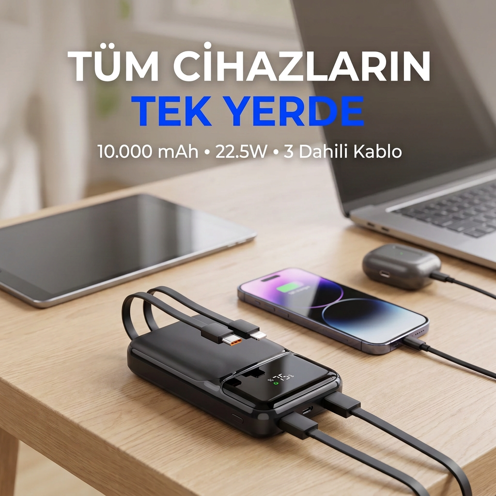 SNP-3006 10.000 Mah Hızlı Şarj LED Göstergeli Powerbank 3in1 Dahili Kablolu Powerbank Çoklu Giriş