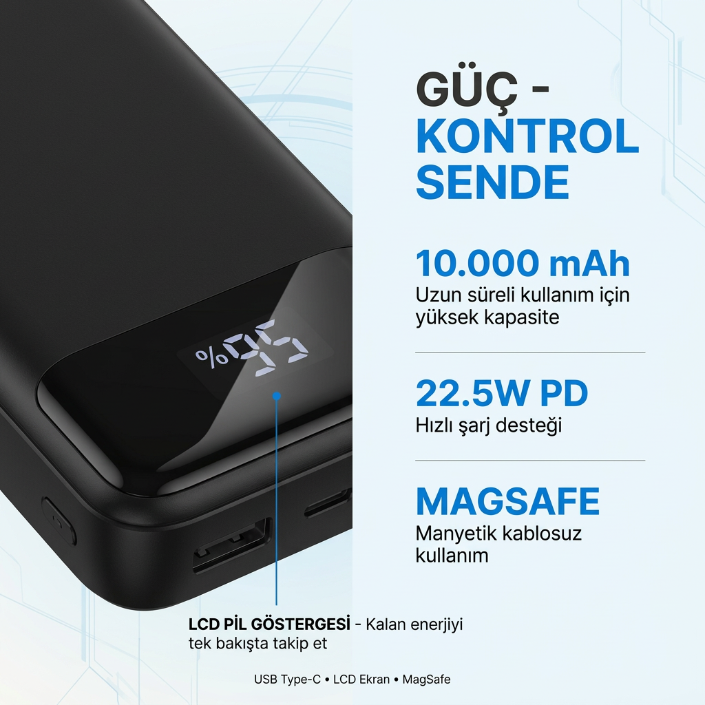 Snapron SNP-3025 PD 22.5W Hızlı Şarj LCD Ekran MagSafe 10000 mAh Powerbank