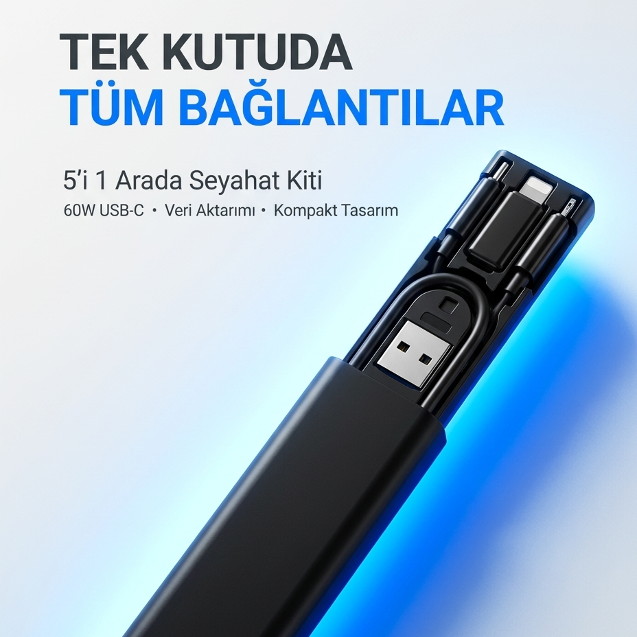 Alfalink 5in1 Süper Şarj 60W Çoklu USB Adaptör Kablo Seyahat Seti