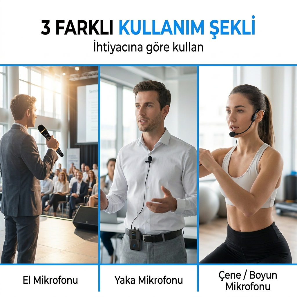 UHF Kablosuz Mikrofon Seti El Yaka ve Boyun Mikrofonlu 6.5mm Alıcılı 3.5mm Çeviricili Profesyonel