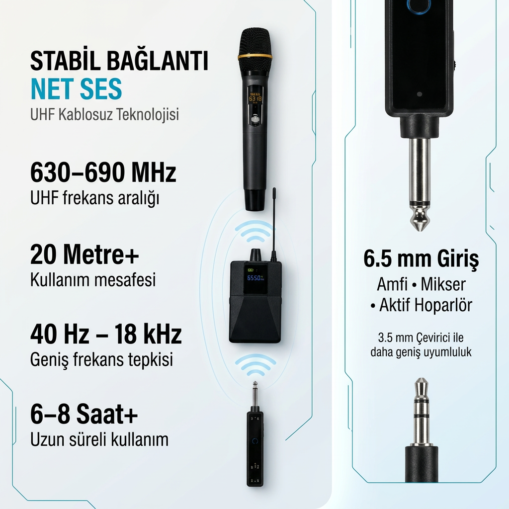 UHF Kablosuz Mikrofon Seti El Yaka ve Boyun Mikrofonlu 6.5mm Alıcılı 3.5mm Çeviricili Profesyonel