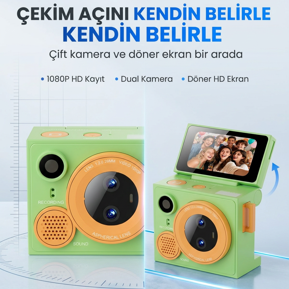 Çeşithane G13Pro Mini Retro Kamera HD, Çift Lensli Döndürülebilir Selfie Ekranlı, Taşınabilir Başparmak Vlog Kamerası (Yeşil)