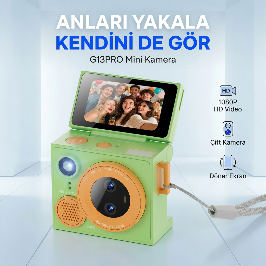 Çeşithane G13Pro Mini Retro Kamera HD, Çift Lensli Döndürülebilir Selfie Ekranlı, Taşınabilir Başparmak Vlog Kamerası (Yeşil)