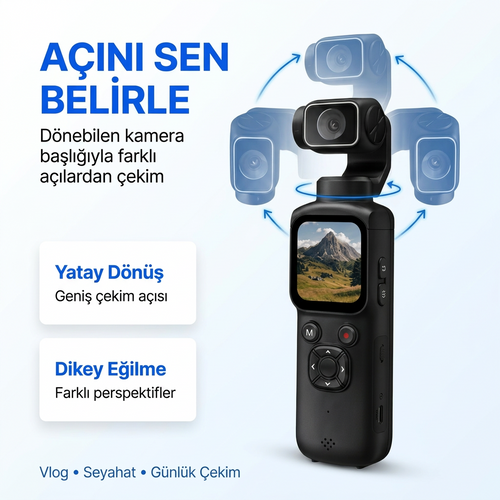 4K Pocket Camera Gimbal Kamera - WiFi Destekli 330° Döner Lensli Akıllı El Kamerası - Yüz Takip Özellikli Mini