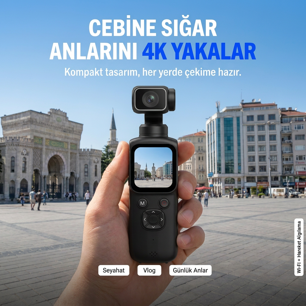 4K Pocket Camera Gimbal Kamera - WiFi Destekli 330° Döner Lensli Akıllı El Kamerası - Yüz Takip Özellikli Mini