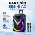 BK-188 18 İnç Bluetooth Party Hoparlör | Çift Kablosuz Mikrofonlu RGB Işıklı Etkinlik ve Karaoke Ses Sistemi