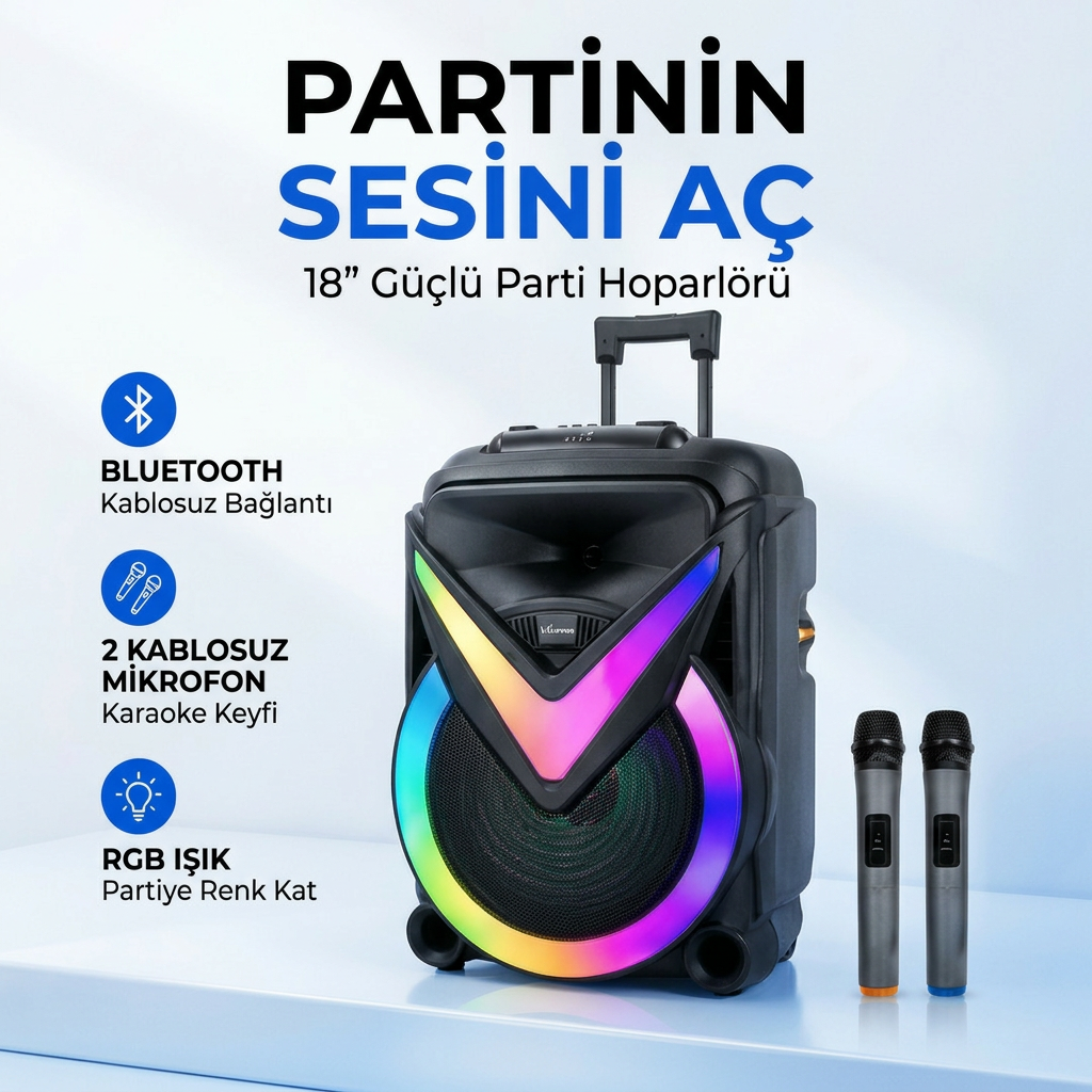 BK-188 18 İnç Bluetooth Party Hoparlör | Çift Kablosuz Mikrofonlu RGB Işıklı Etkinlik ve Karaoke Ses Sistemi