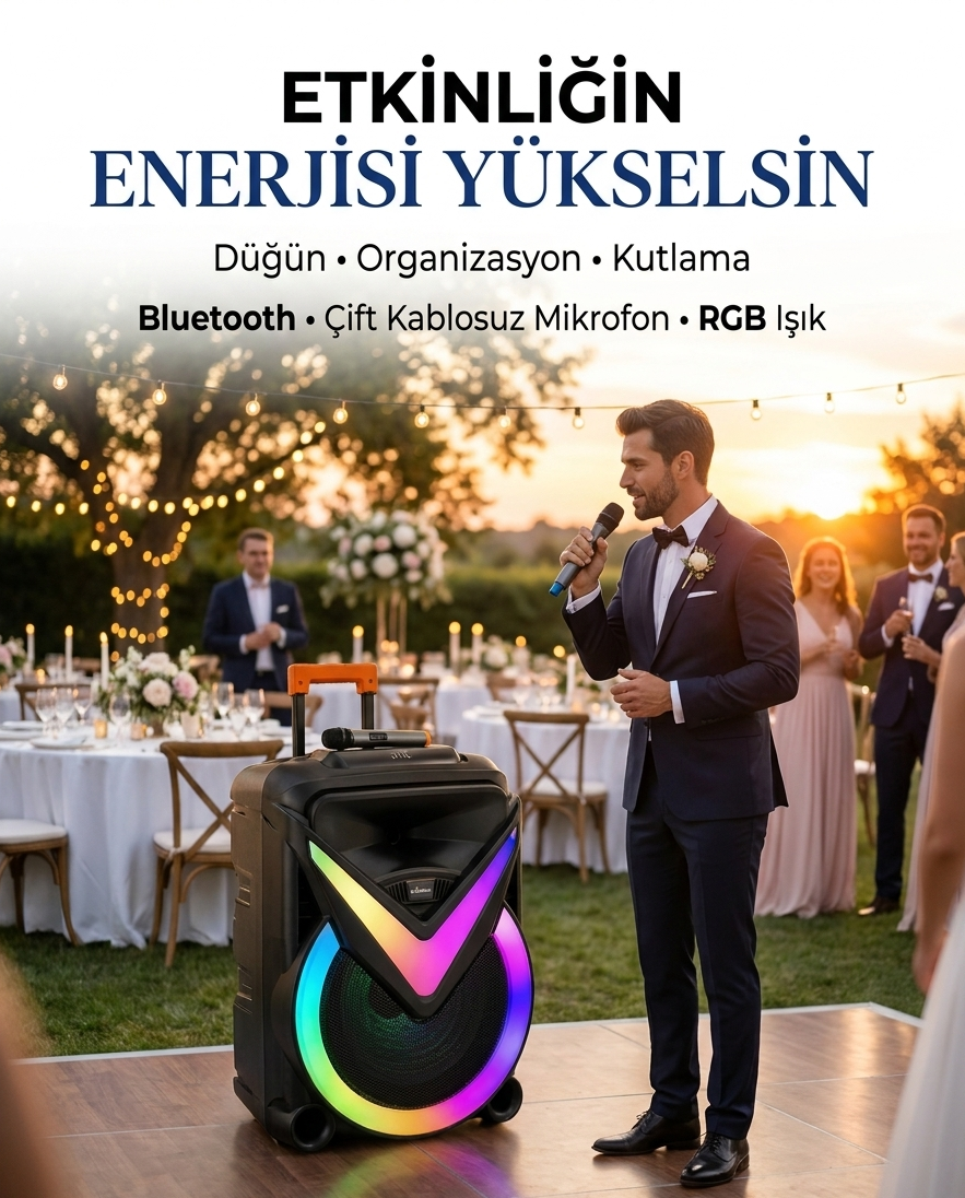 BK-188 18 İnç Bluetooth Party Hoparlör | Çift Kablosuz Mikrofonlu RGB Işıklı Etkinlik ve Karaoke Ses Sistemi