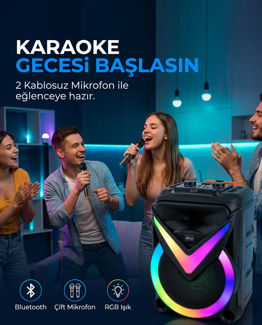 BK-188 18 İnç Bluetooth Party Hoparlör | Çift Kablosuz Mikrofonlu RGB Işıklı Etkinlik ve Karaoke Ses Sistemi