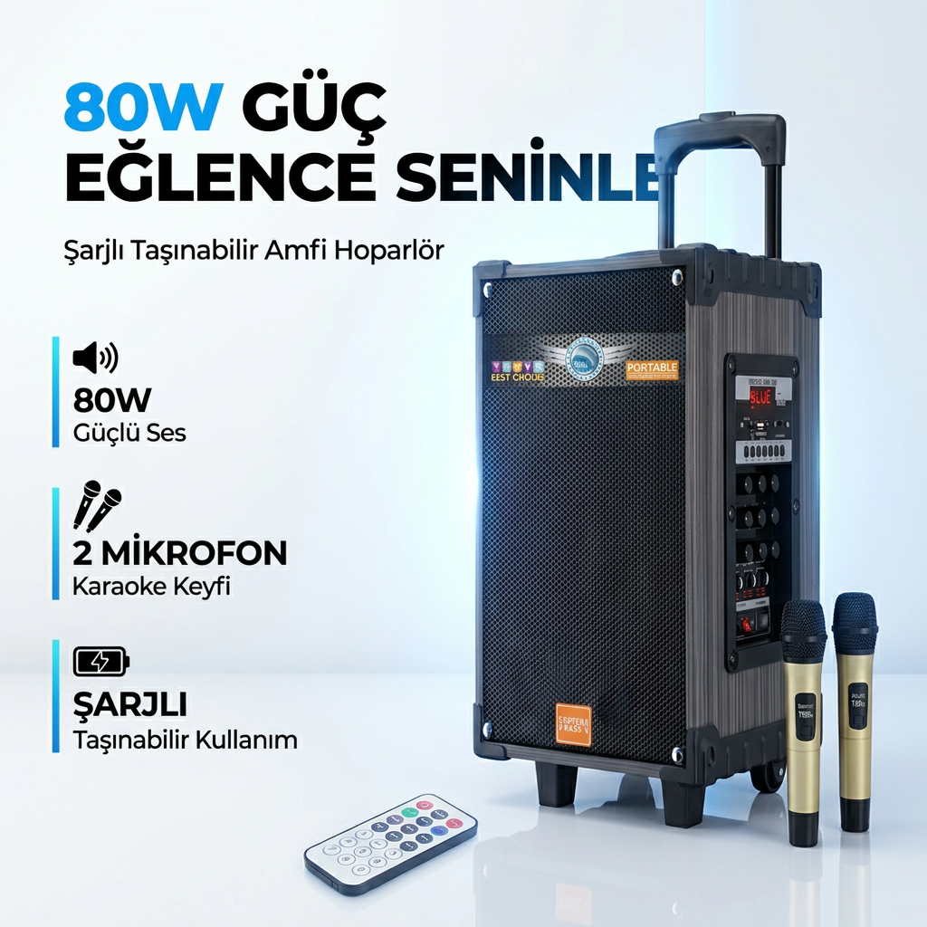 Lt-910 Şarjlı Kumandalı Çift Mikrofonlu Hoparlör Karaoke Sistemi 80 Watt Taşınabilir Amfi Hoparlör