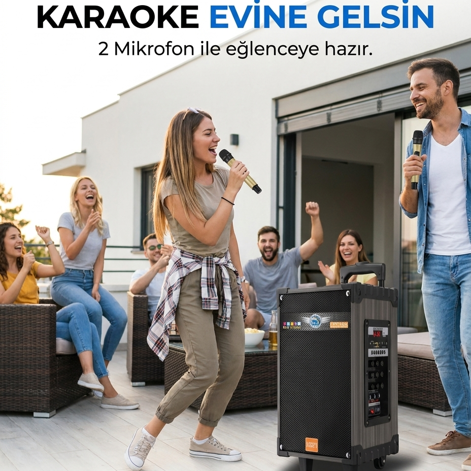 Lt-910 Şarjlı Kumandalı Çift Mikrofonlu Hoparlör Karaoke Sistemi 80 Watt Taşınabilir Amfi Hoparlör