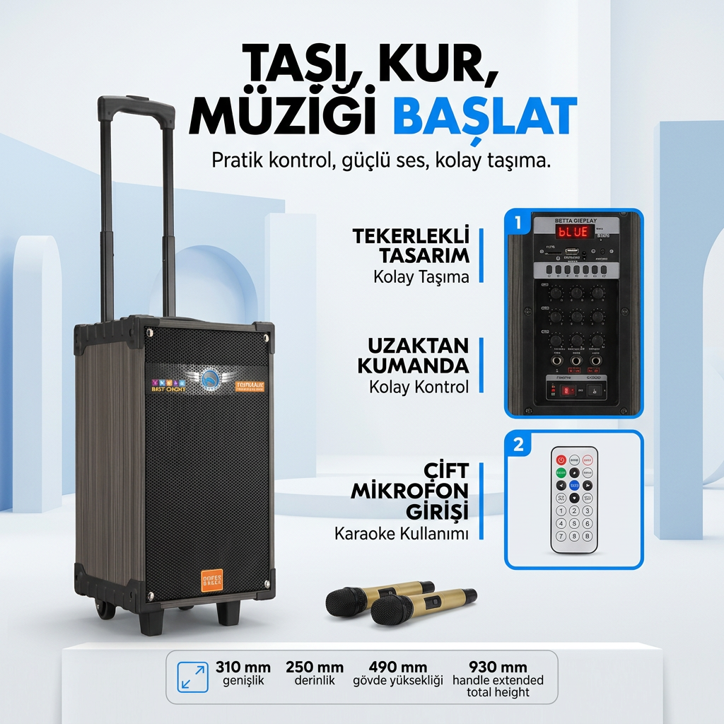 Lt-910 Şarjlı Kumandalı Çift Mikrofonlu Hoparlör Karaoke Sistemi 80 Watt Taşınabilir Amfi Hoparlör