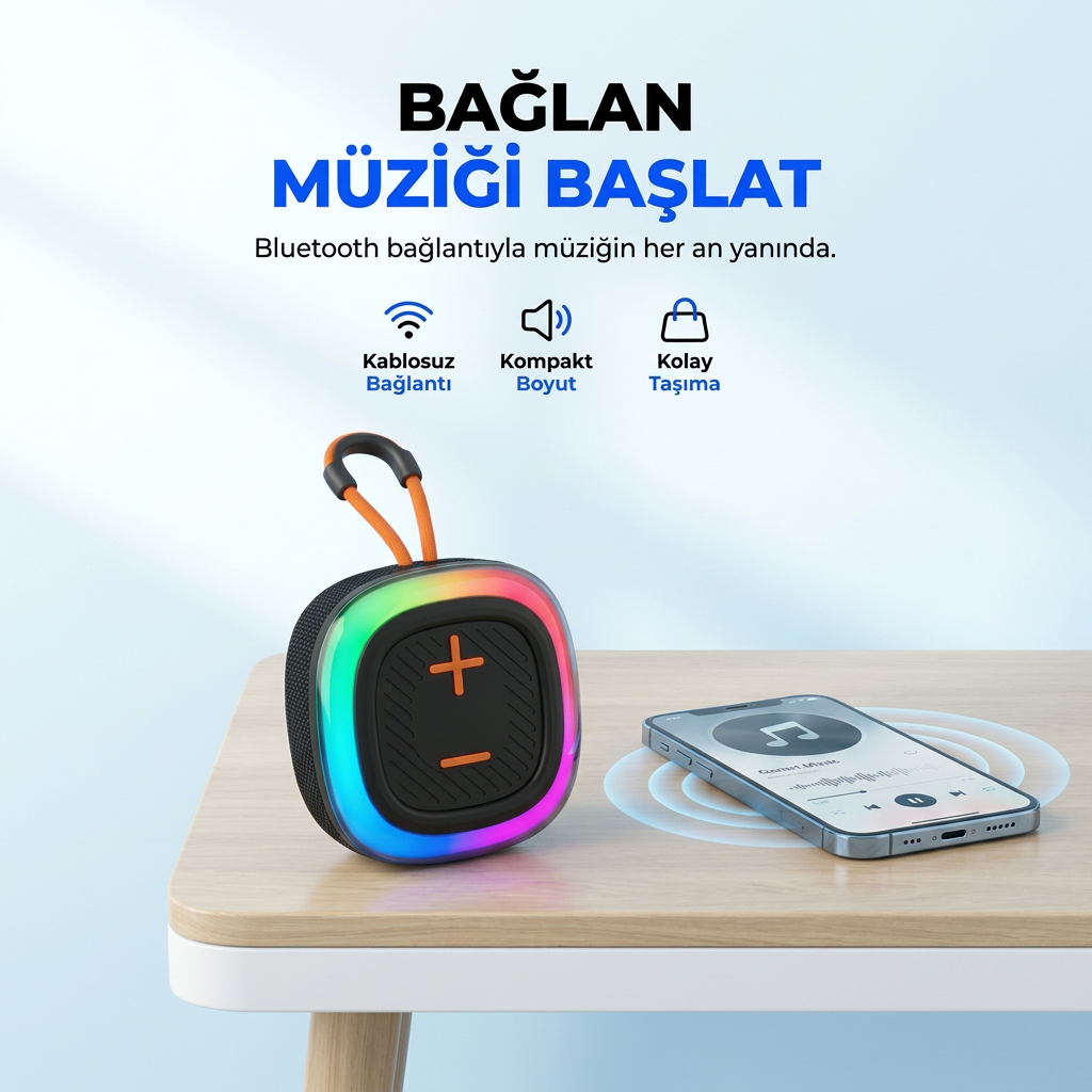 Mini Taşınabilir Bluetooth Hoparlör | RGB LED Işıklı | Dahili Mikrofonlu | Güçlü Ses Performansı
