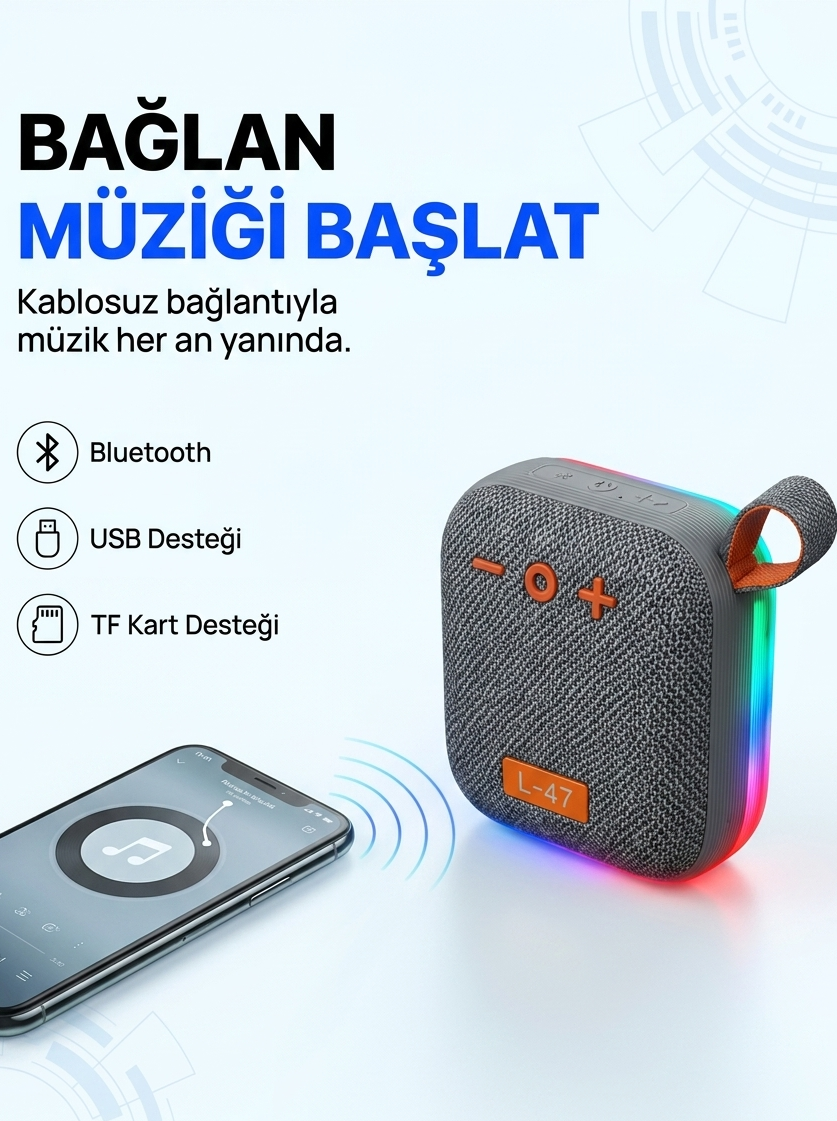 L-47 RGB Işıklı Bluetooth Hoparlör | Taşınabilir Kablosuz Speaker USB TF Kart Destekli Şık Tasarım