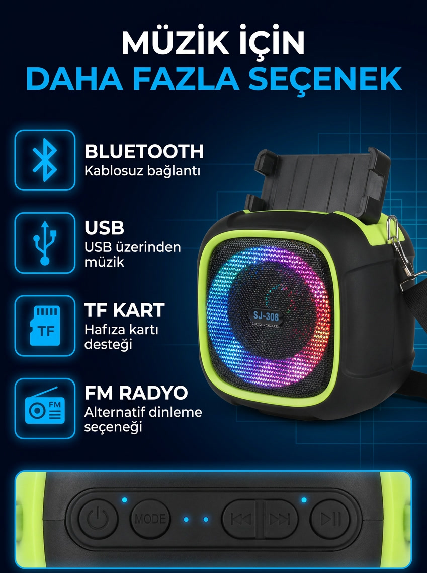 Bluetooth Hoparlör RGB Işıklı Taşınabilir Kablosuz Hoparlör USB TF Kart Destekli