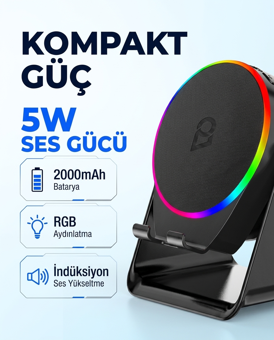 S10 5W Bluetooth + Temasıyla Ses Yükselten İndüksiyon Hoparlör 2000 Mah RGB Işıklı Standlı 5in Speaker