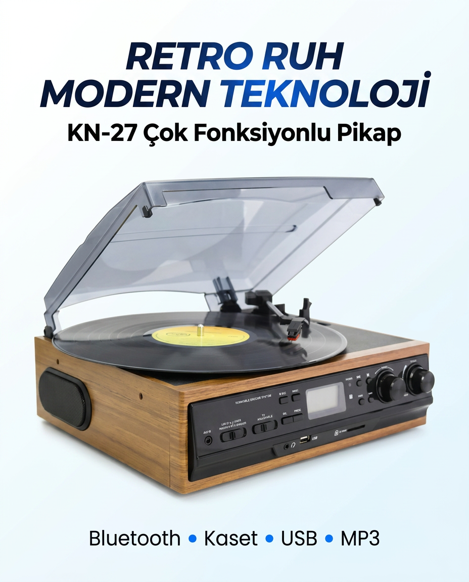 Kn-27 Bluetoothlu Kumandalı Hoparlörlü Pikap Radyo Kaset Usb Mp3 33-45-78 Plaklar Çalar