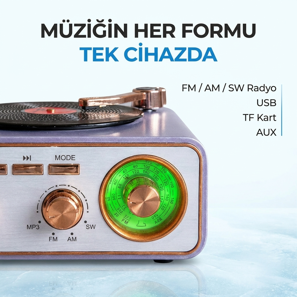 Nostaljik Radyo Gramofon Tasarımlı Bluetooth Hoparlör Retro Radyo FM/AM/SW USB TF Kart Ses Bombası