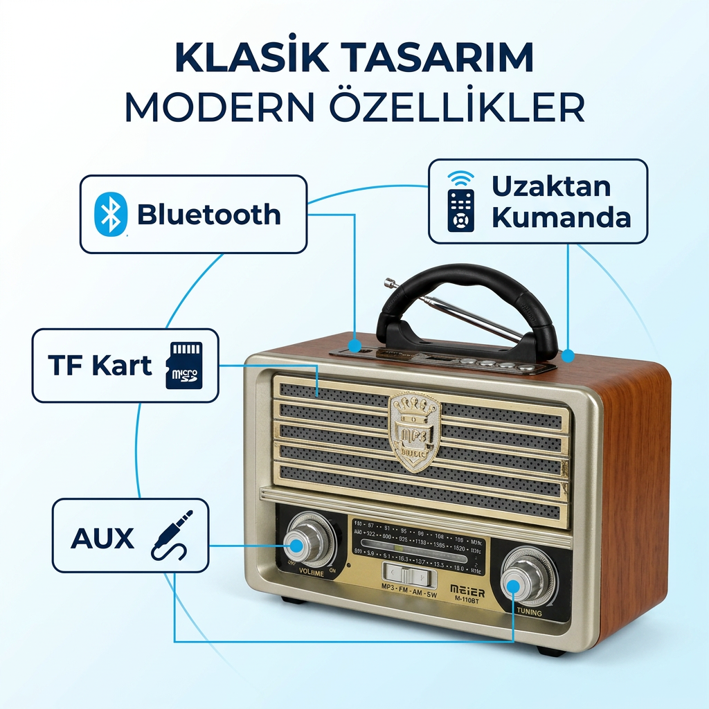 M-156BT Nostaljik Radyo Görünümlü Bluetooth,Hafıza Kartı,Usb Bellek