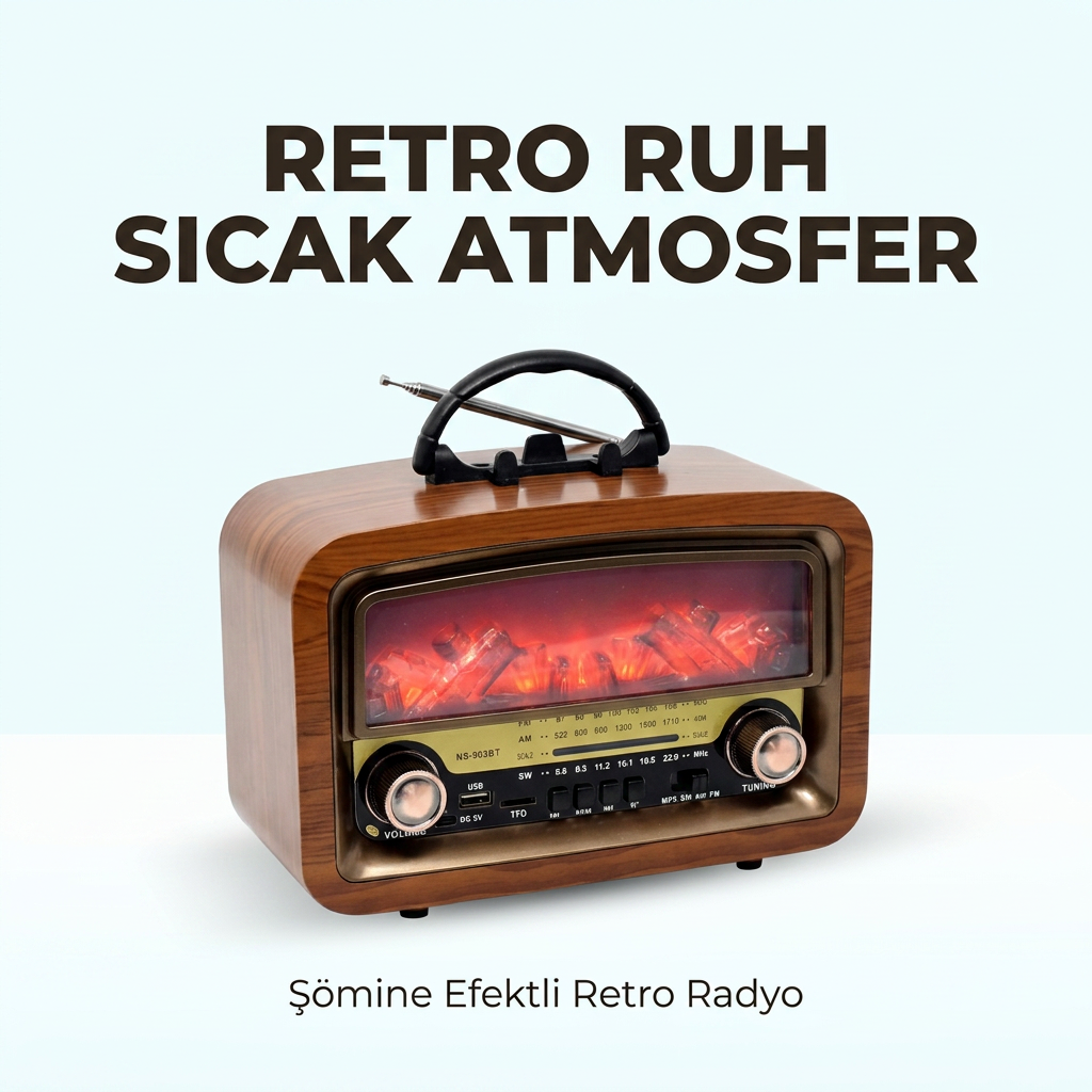Nostajik Şömine Efektli Ahşap Şarjlı 3 Dalga Radyo Telefon Tutucu,Bluetooth,TF Kart-903