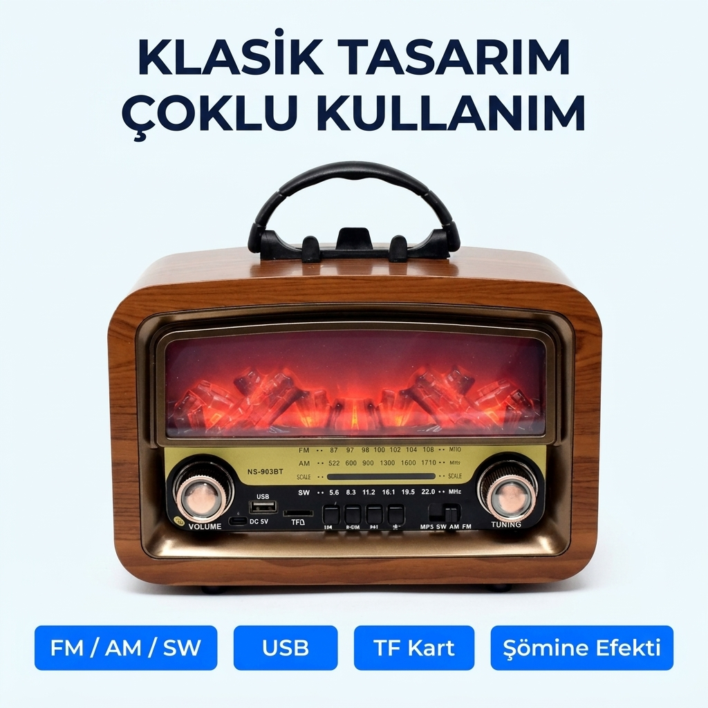 Nostajik Şömine Efektli Ahşap Şarjlı 3 Dalga Radyo Telefon Tutucu,Bluetooth,TF Kart-903