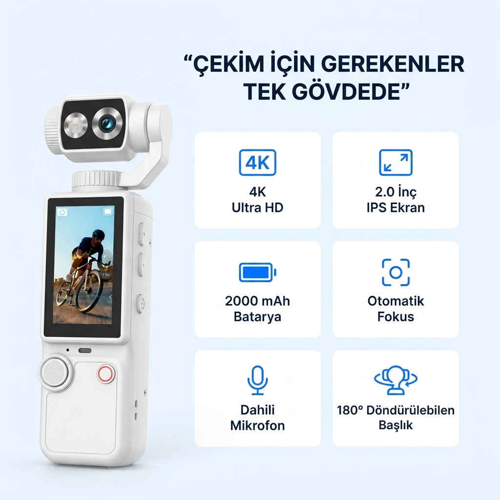 4K Ultra HD Mini Aksiyon Kamerası 2.0 inç Ekranlı Mikrofon Destekli Oto Fokus Özellikli 180° Döner Başlıklı Vlog