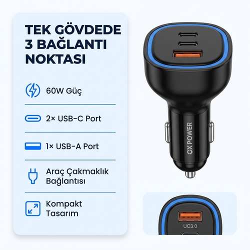 60W Süper Hızlı Araç Şarj Cihazı PD USB-C Çakmaklık Girişli