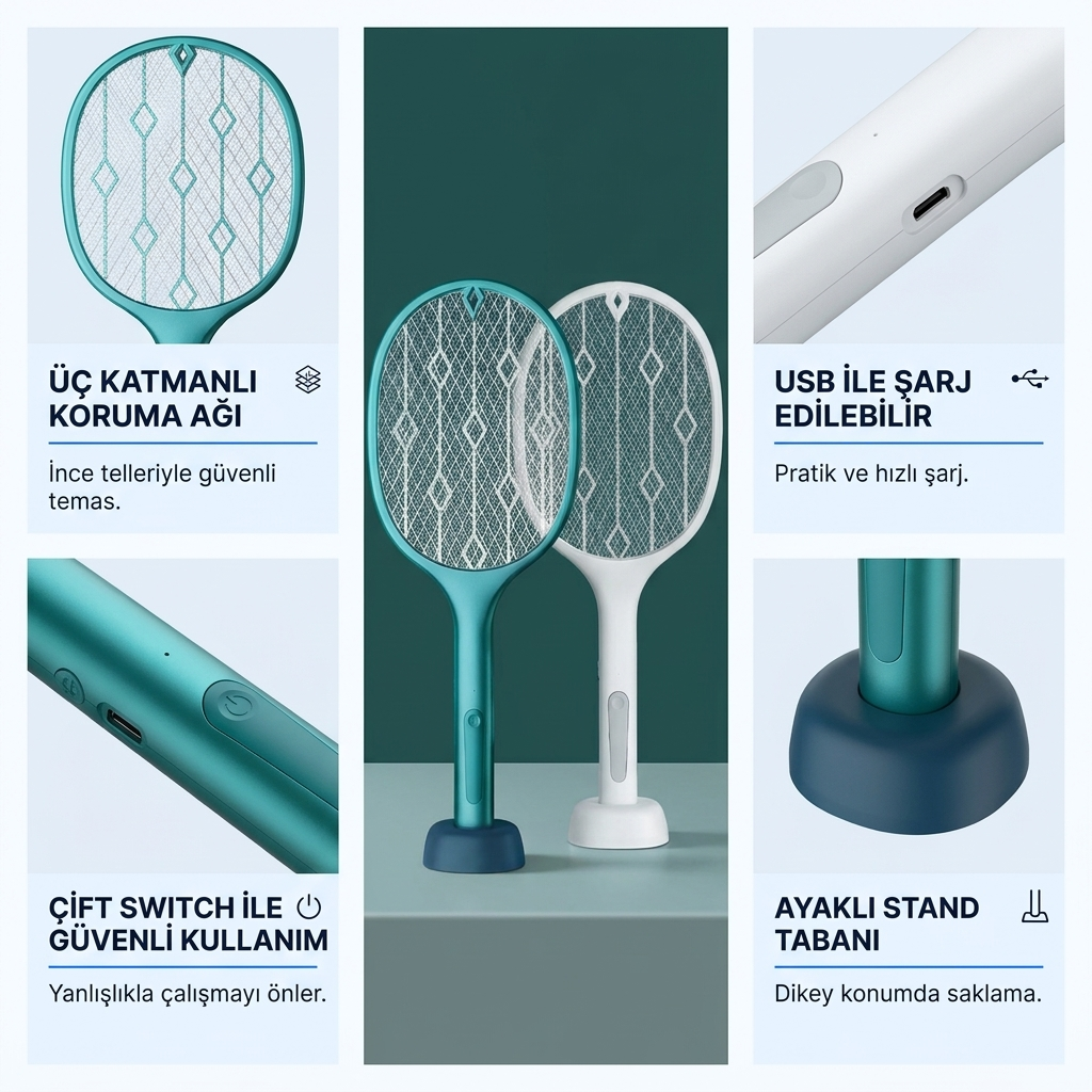 Elektrikli Sinek Öldürücü Sineksavar Sivrisinek Öldürücü Raket 3000v Usb Şarjlı Uv Led Işıklı