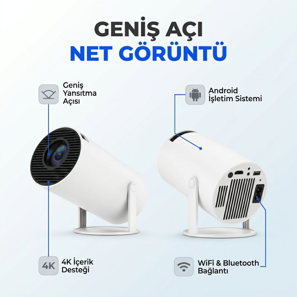 HY300 Mini Projeksiyon 4K Destekli – Android WiFi Bluetooth