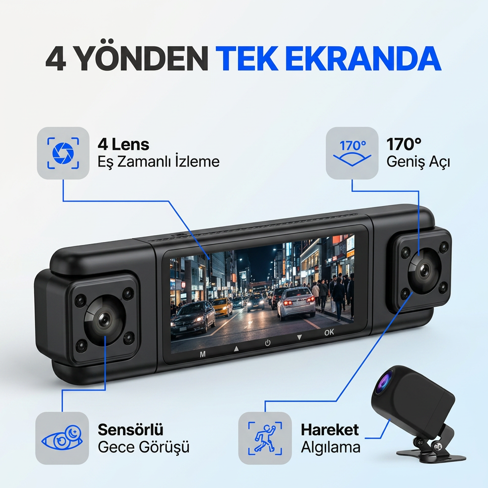 4 Lensli Full Hd 1080P 3.18" Ekran Araç İçi Kamera 4 Kamera Ayarlanabilir Açı Hareket Algılama