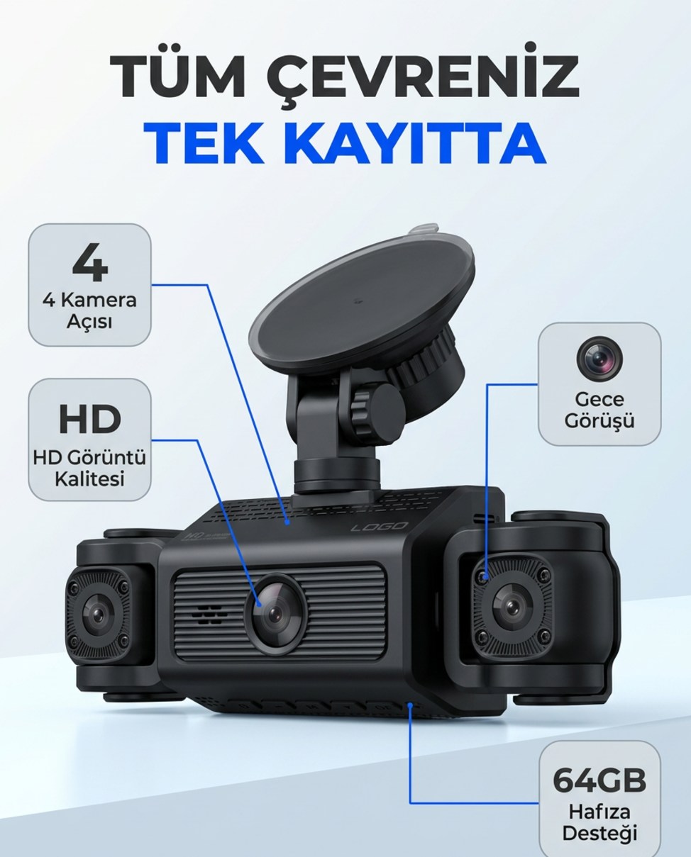 4’lü Araç Kamerası Seti – Ekranlı, HD Kayıt, 64GB Destekli, Gece Görüşlü