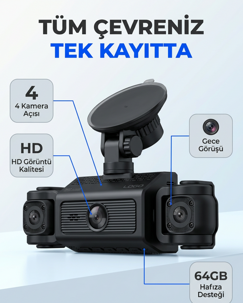4’lü Araç Kamerası Seti – Ekranlı, HD Kayıt, 64GB Destekli, Gece Görüşlü