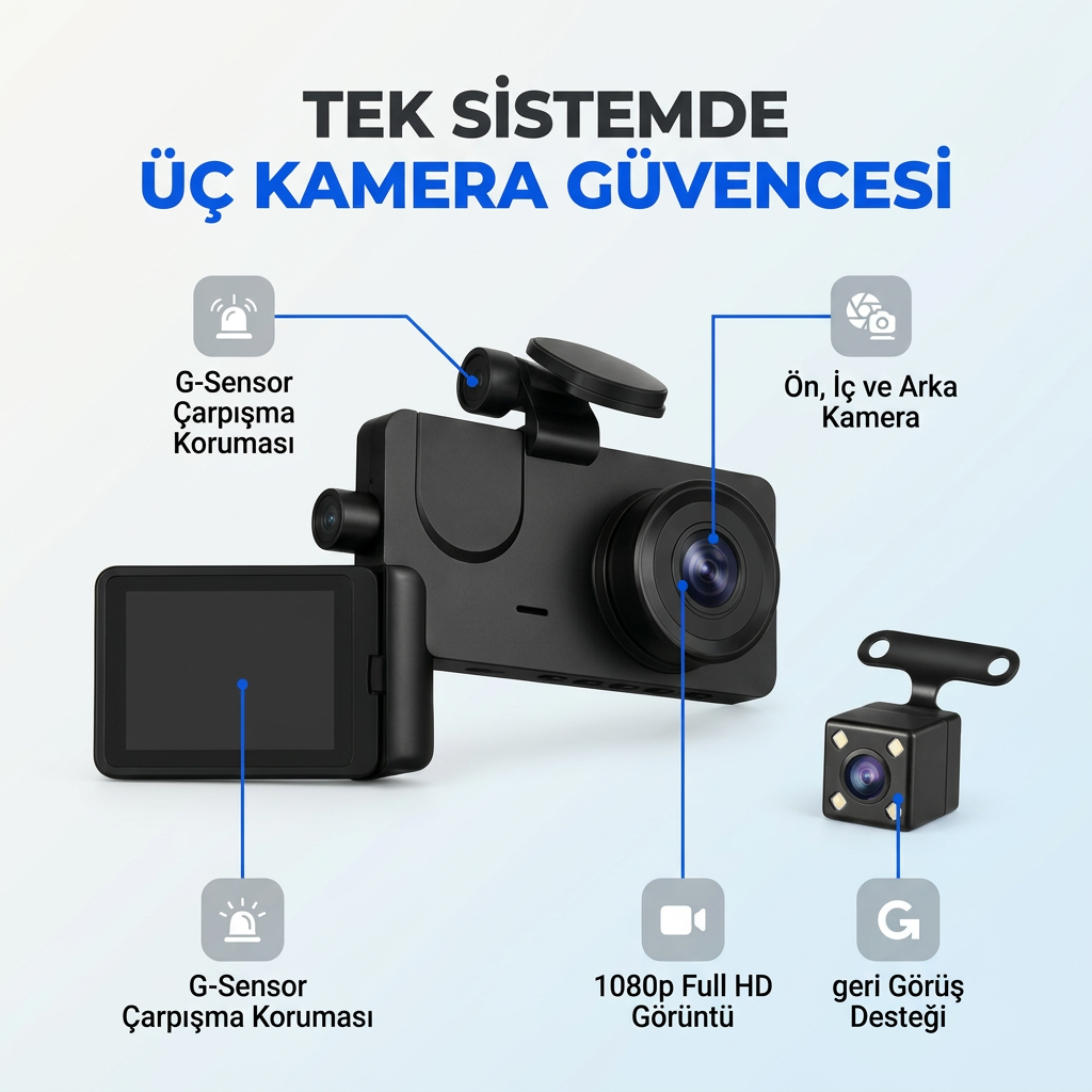 Üç Kameralı 1080 Full HD Araç İçi Kamera G-Sensor Özellikli Güvenlik Çözümü Geri Görüşlü