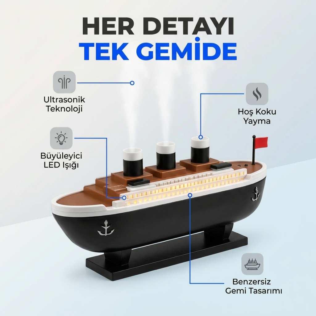 Jellyfish Gemi Tasarimli Aroma Difuzor (LED Efektli)